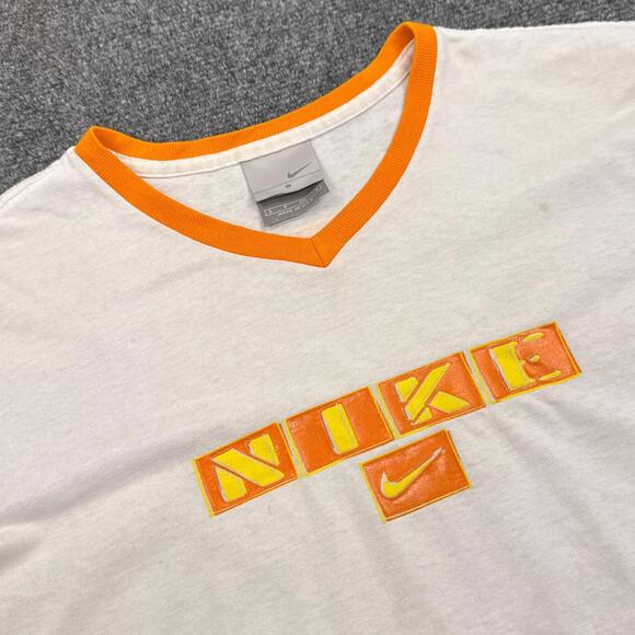 VINTAGE 90s Y2K NIKE Ringer T-Shirt Women's Small Orange Logo White Tee - Picture 1 of 14